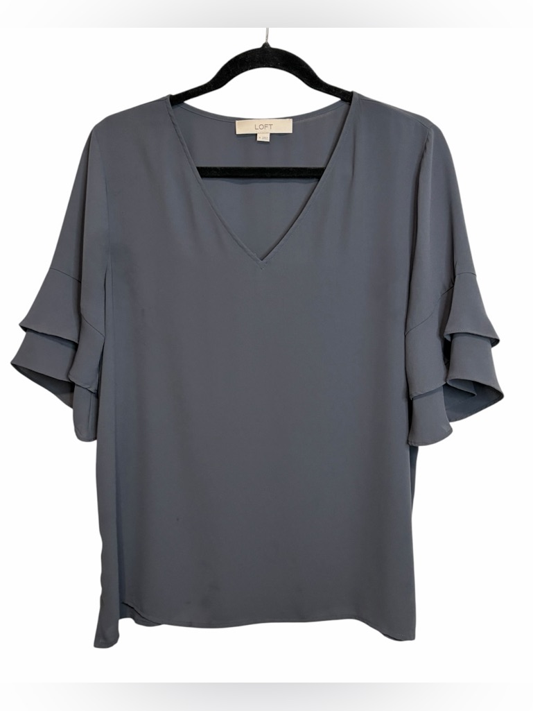 Loft Charcoal Gray Double Ruffle Flutter Sleeve V-Neck Blouse, Medium